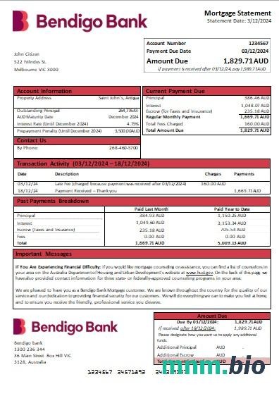 Australia Bank Bendigo wyciąg z kredytu hipotecznego szablon Word i PDF